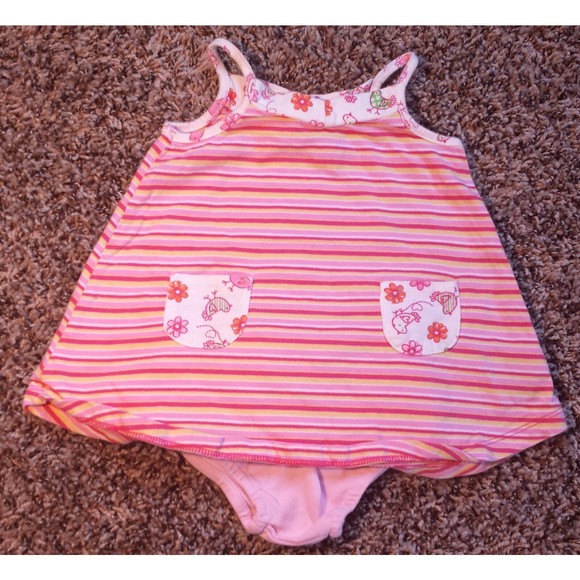 Girl's Size 9 M 6-9 Months Two Piece Pink White Striped Bird & Floral Dress & DC - Picture 2 of 5